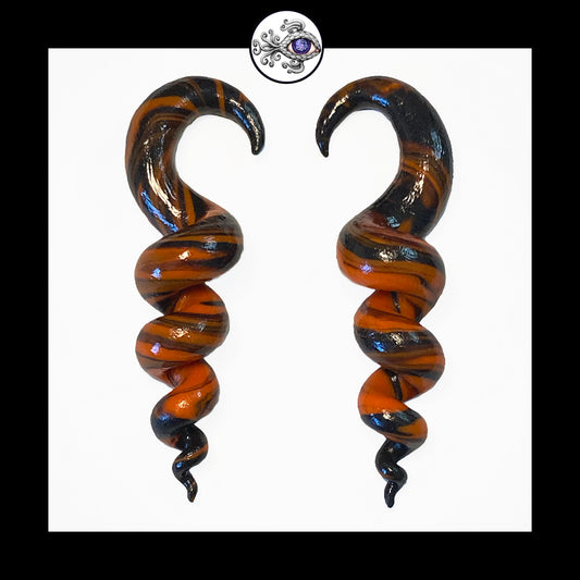 Spiral - Corkscrew - 4g 5mm Orange & Black - Handmade Clay Gauge Earrings