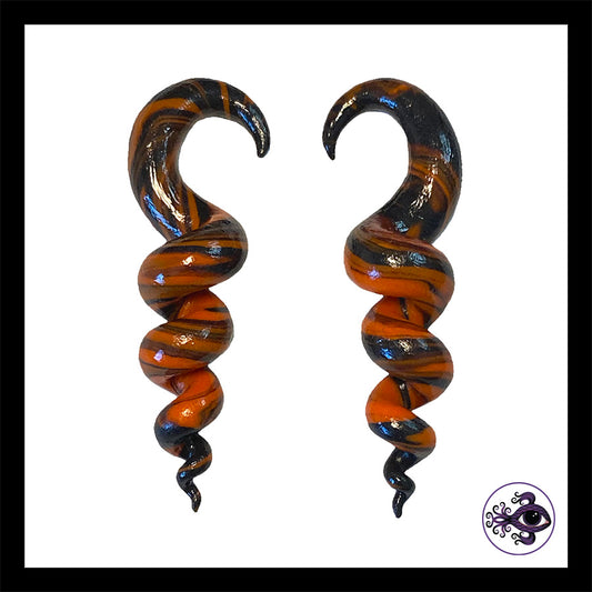 Spiral - Corkscrew - 4g 5mm Orange & Black - Handmade Clay Gauge Earrings