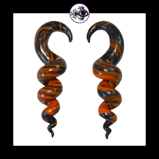 Spiral - Corkscrew - 4g 5mm Orange & Black - Handmade Clay Gauge Earrings