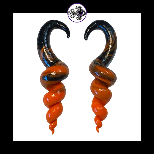 Spiral - Corkscrew - 6g 4mm Orange & Black - Handmade Clay Gauge Earrings