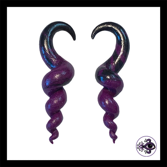 Spiral - Corkscrew - 6g 4mm Purple & Black - Handmade Clay Gauge Earrings