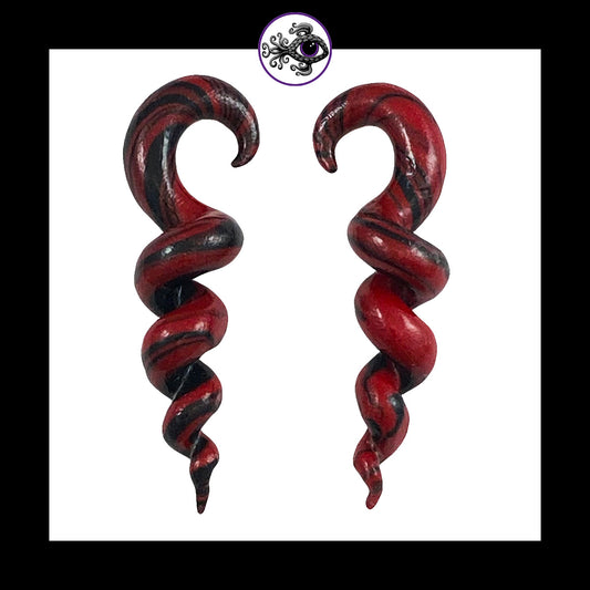 Spiral - Corkscrew - 4g 5mm Red & Black - Handmade Clay Gauge Earrings