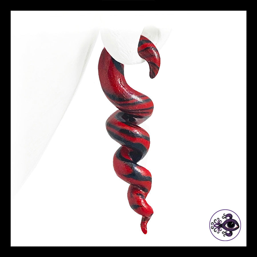 Spiral - Corkscrew - 4g 5mm Red & Black - Handmade Clay Gauge Earrings
