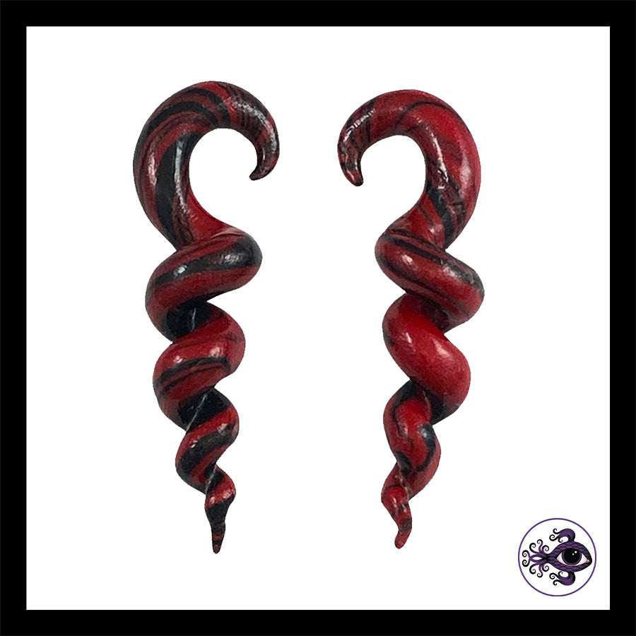Spiral - Corkscrew - 4g 5mm Red & Black - Handmade Clay Gauge Earrings