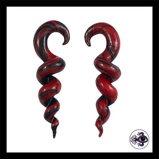 Spiral - Corkscrew - 4g 5mm Red & Black - Handmade Clay Gauge Earrings