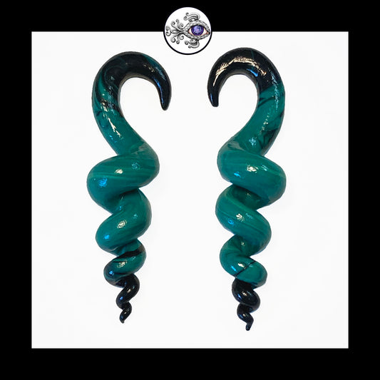 Spiral - Corkscrew - 4g 5mm Turquoise & Black - Handmade Clay Gauge Earrings