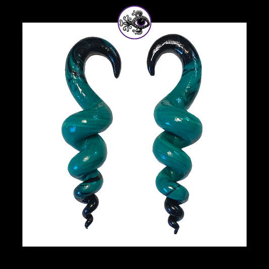 Spiral - Corkscrew - 4g 5mm Turquoise & Black - Handmade Clay Gauge Earrings