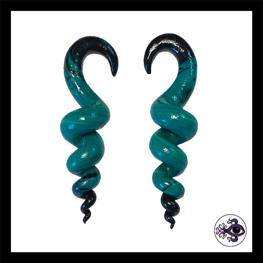 Spiral - Corkscrew - 4g 5mm Turquoise & Black - Handmade Clay Gauge Earrings