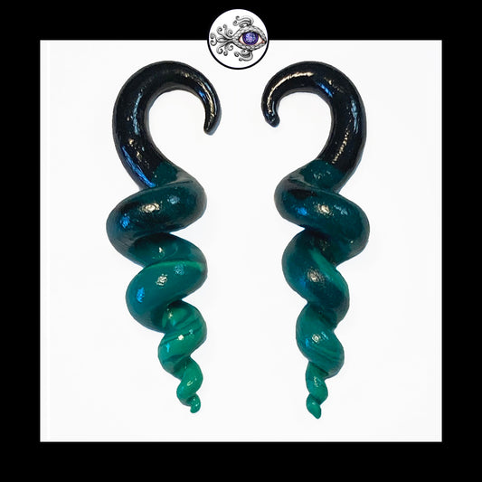 Spiral - Corkscrew - 4g 5mm Turquoise & Black - Handmade Clay Gauge Earrings