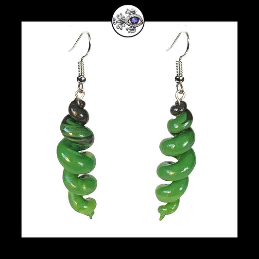 Spiral - Corkscrew - Green & Black - Handmade Clay Dangle Earrings