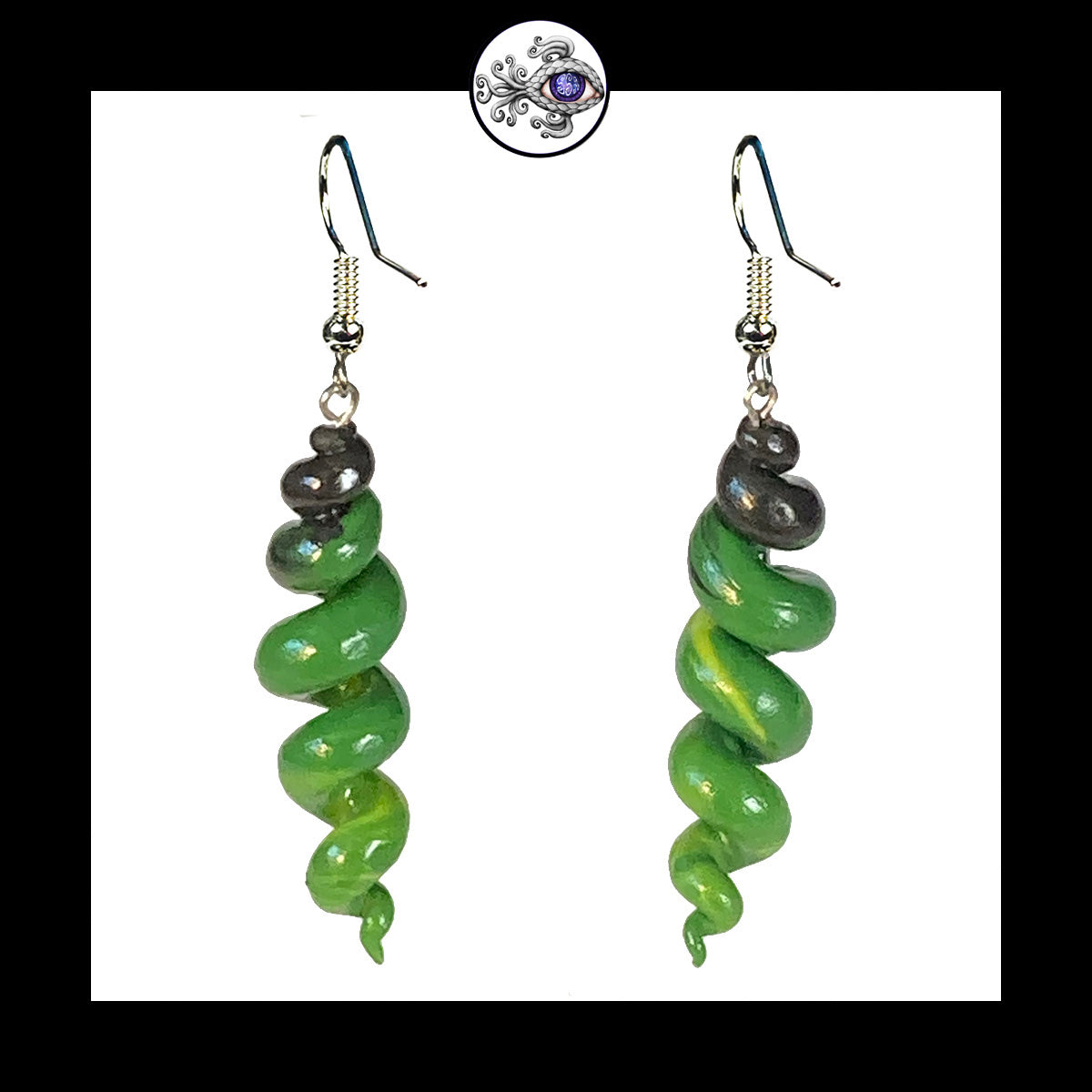 Spiral - Corkscrew - Green & Black - Handmade Clay Dangle Earrings