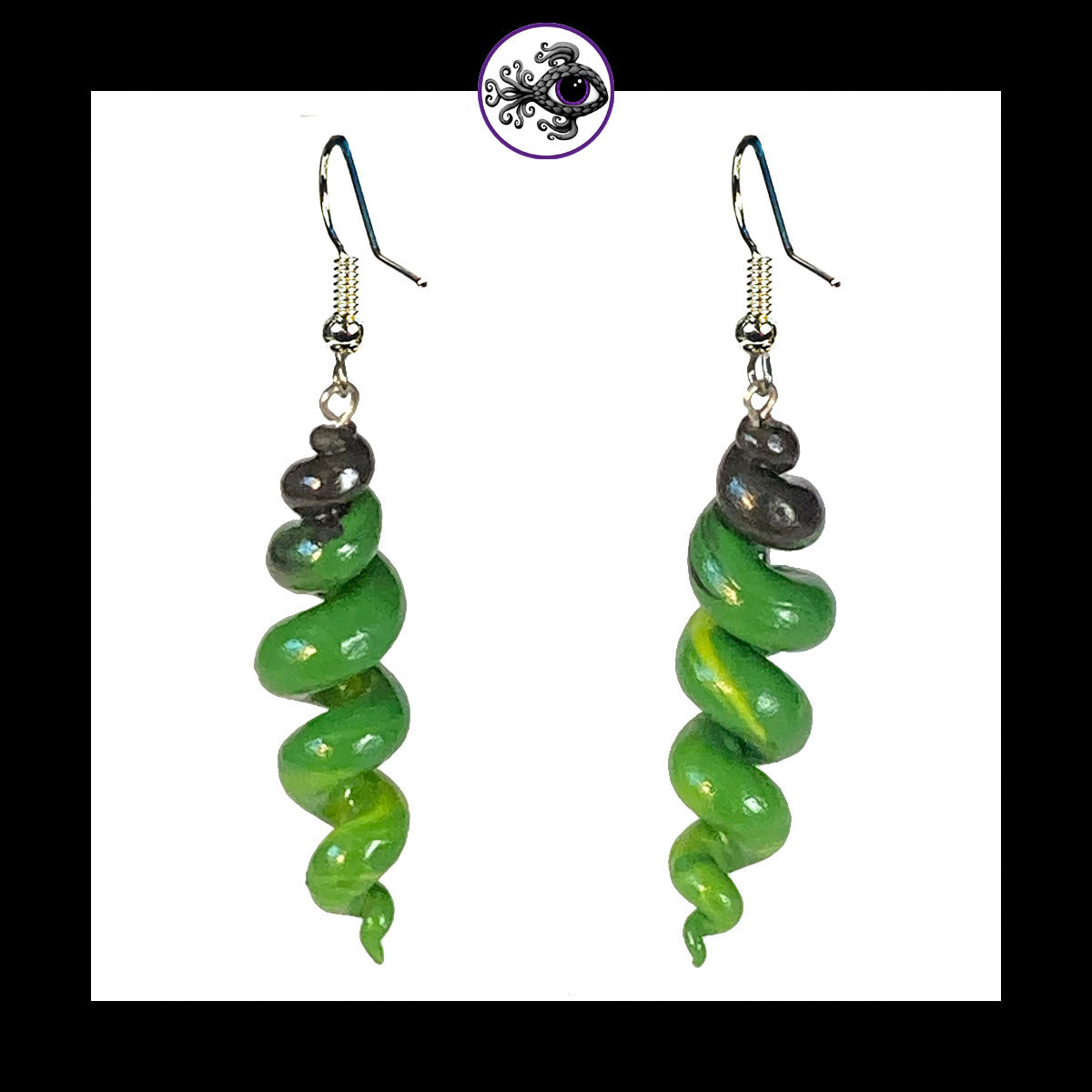 Spiral - Corkscrew - Green & Black - Handmade Clay Dangle Earrings
