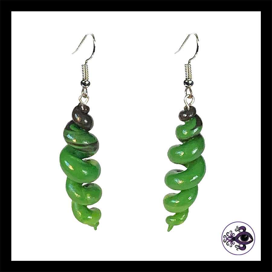 Spiral - Corkscrew - Green & Black - Handmade Clay Dangle Earrings