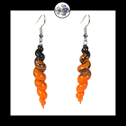 Spiral - Corkscrew - Orange & Black - Handmade Clay Dangle Earrings