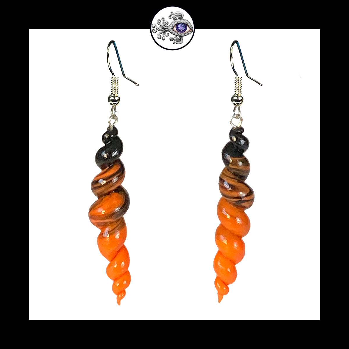 Spiral - Corkscrew - Orange & Black - Handmade Clay Dangle Earrings