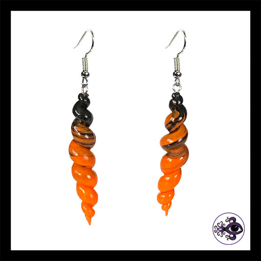 Spiral - Corkscrew - Orange & Black - Handmade Clay Dangle Earrings