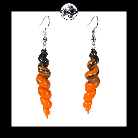 Spiral - Corkscrew - Orange & Black - Handmade Clay Dangle Earrings