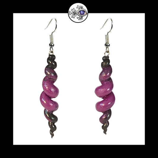 Spiral - Corkscrew - Purple & Black - Handmade Clay Dangle Earrings