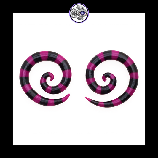 Spiral - 4g 5mm Magenta & Black Stripes - Handmade & Painted Clay Gauge Earrings *Custom Order Only*