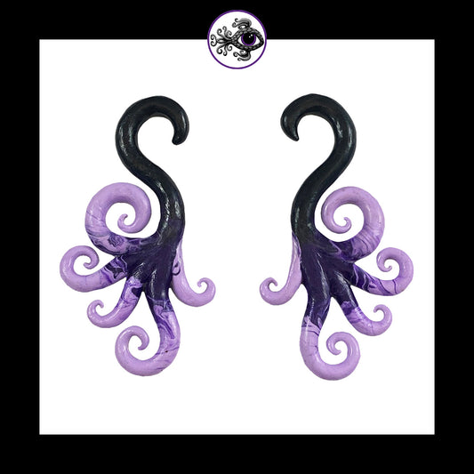 Spiral - Multi - 0g 8mm Black & Purple - Handmade Clay Gauge Earrings