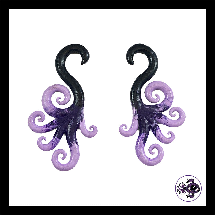 Spiral - Multi - 0g 8mm Black & Purple - Handmade Clay Gauge Earrings