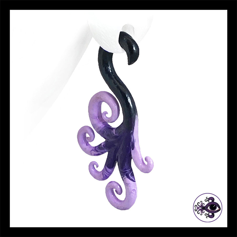 Spiral - Multi - 0g 8mm Black & Purple - Handmade Clay Gauge Earrings
