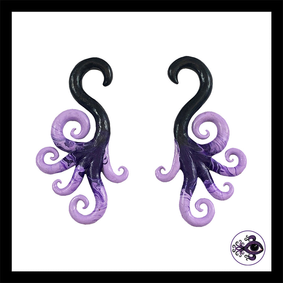Spiral - Multi - 0g 8mm Black & Purple - Handmade Clay Gauge Earrings