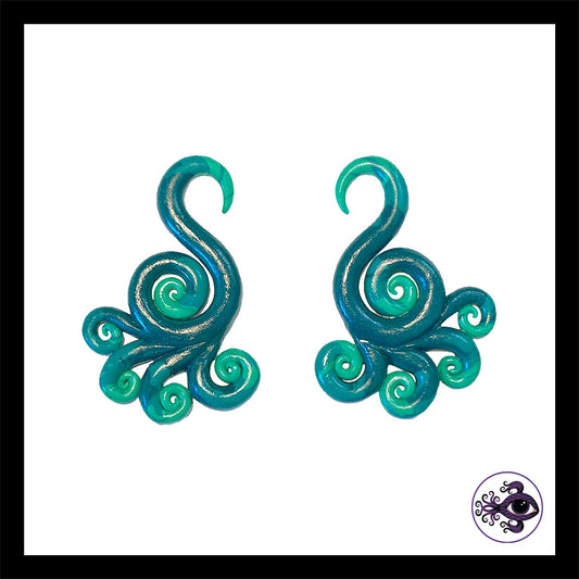 Spiral - Multi - Turquoise & Black - Handmade Clay Gauge Earrings