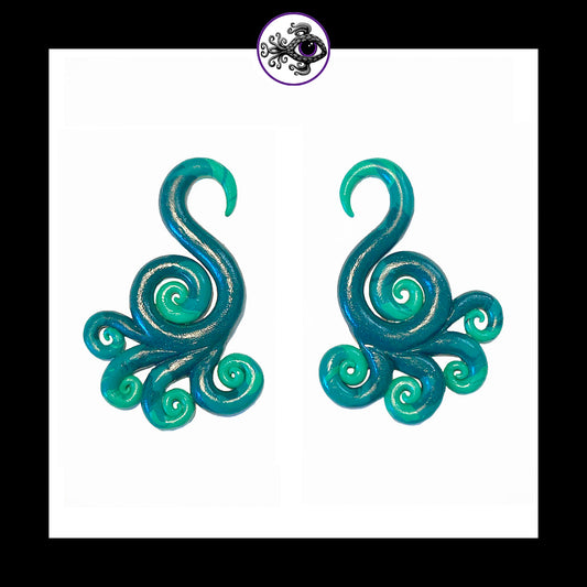 Spiral - Multi - Turquoise & Black - Handmade Clay Gauge Earrings