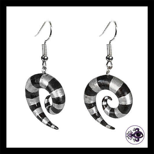 Spiral - Silver & Black Stripes - Handmade Clay Dangle Earrings