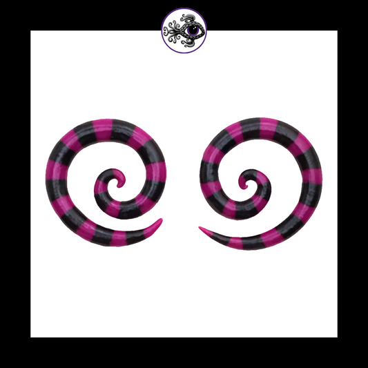 Spiral - 4g 5mm Magenta & Black Stripes - Handmade & Painted Clay Gauge Earrings *Custom Order Only*
