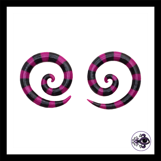 Spiral - 4g 5mm Magenta & Black Stripes - Handmade & Painted Clay Gauge Earrings *Custom Order Only*
