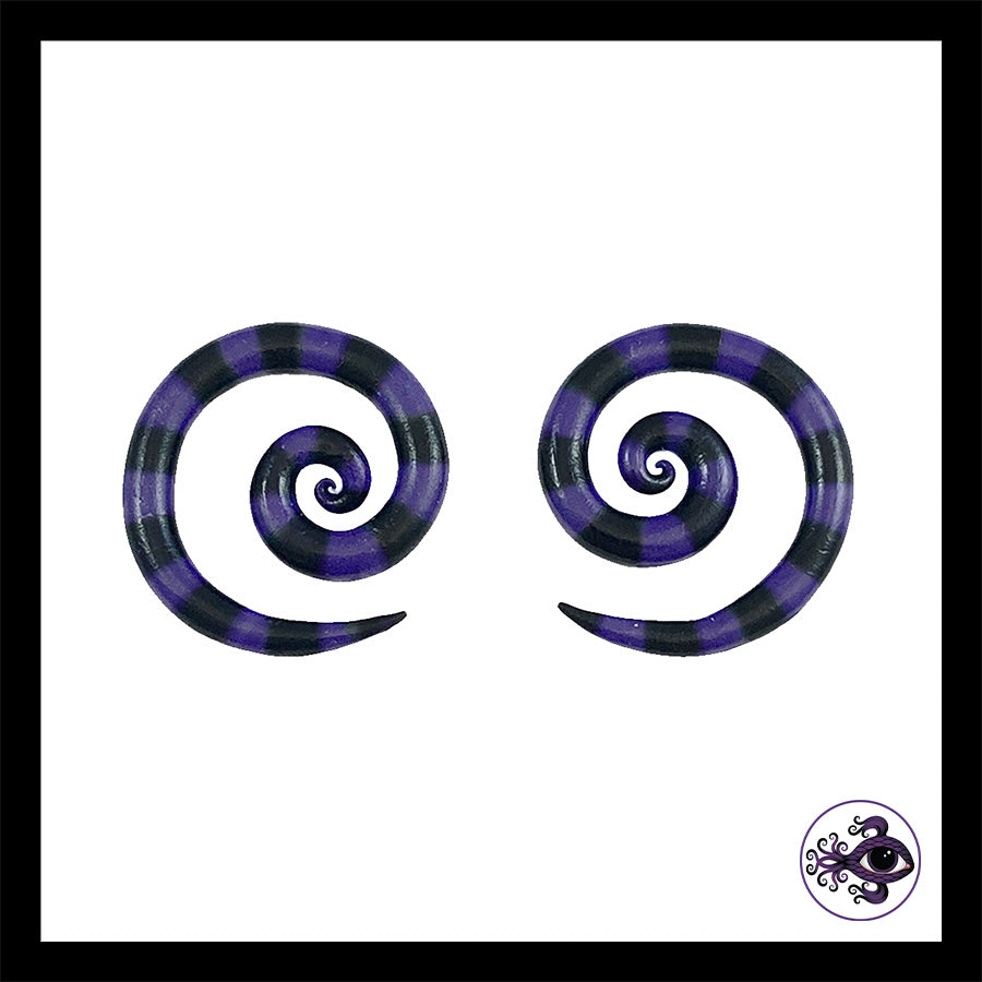 Spiral - 4g 5mm Purple & Black Stripes - Handmade & Painted Clay Gauge Earrings