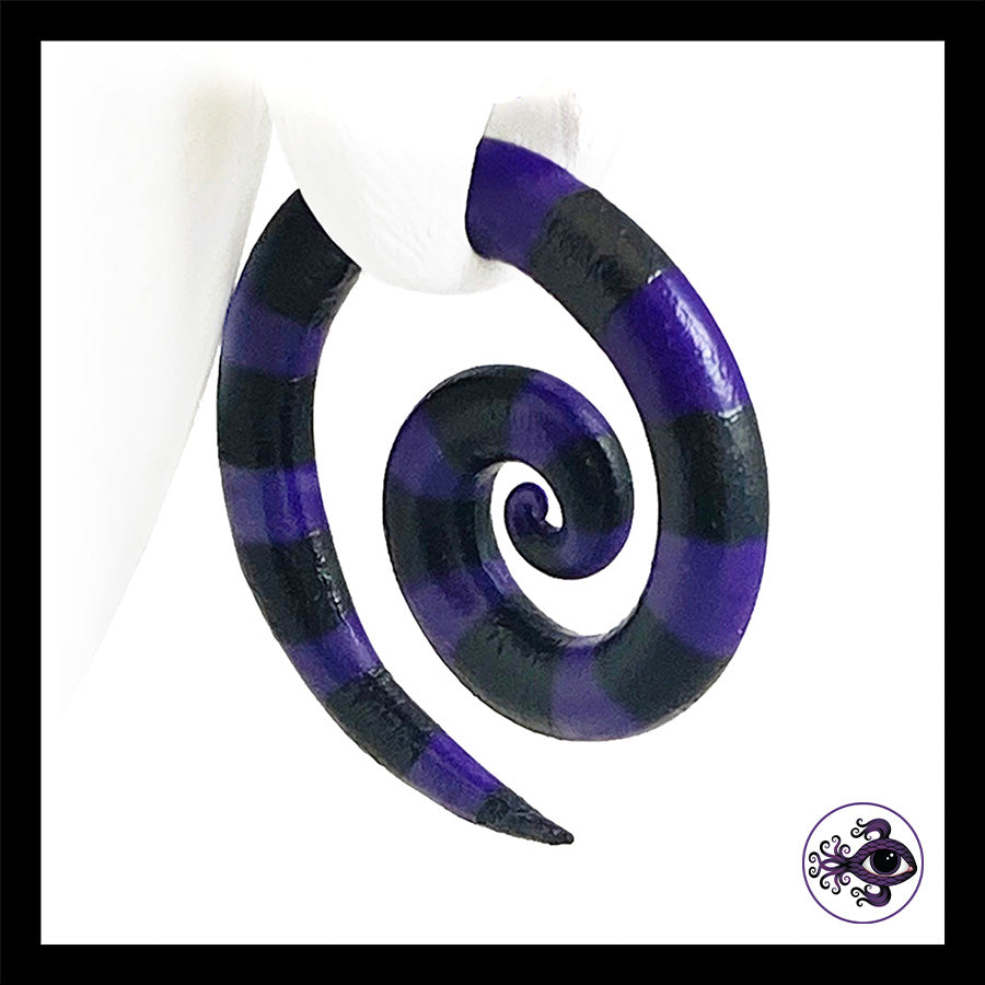 Spiral - 4g 5mm Purple & Black Stripes - Handmade & Painted Clay Gauge Earrings