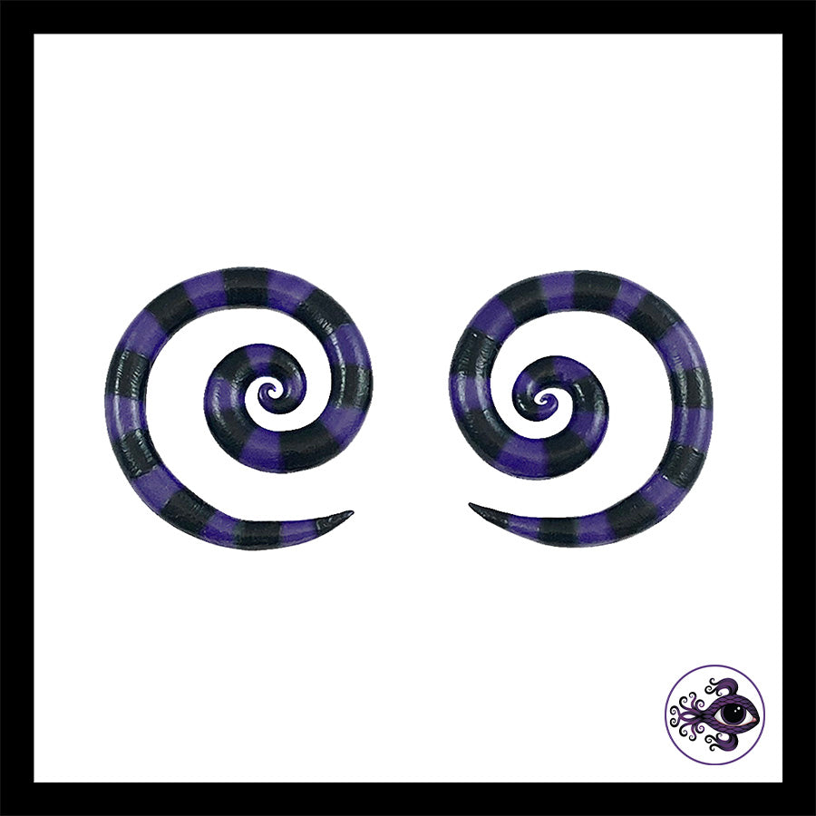 Spiral - 4g 5mm Purple & Black Stripes - Handmade & Painted Clay Gauge Earrings