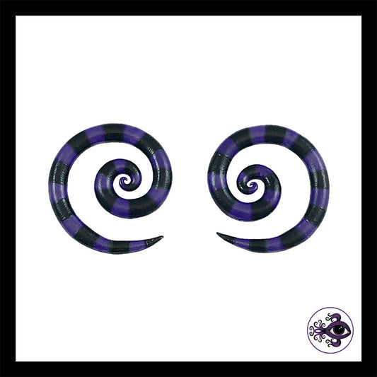 Spiral - 4g 5mm Purple & Black Stripes - Handmade & Painted Clay Gauge Earrings