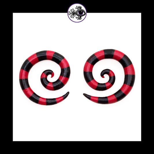 Spiral - 4g 5mm Red & Black Stripes - Handmade & Painted Clay Gauge Earrings *Custom Order Only*