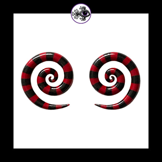Spiral - 4g 5mm Red & Black Stripes - Handmade & Painted Clay Gauge Earrings