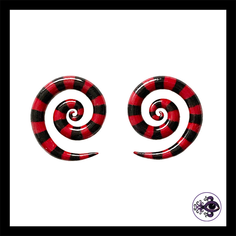 Spiral - 4g 5mm Red & Black Stripes - Handmade & Painted Clay Gauge Earrings