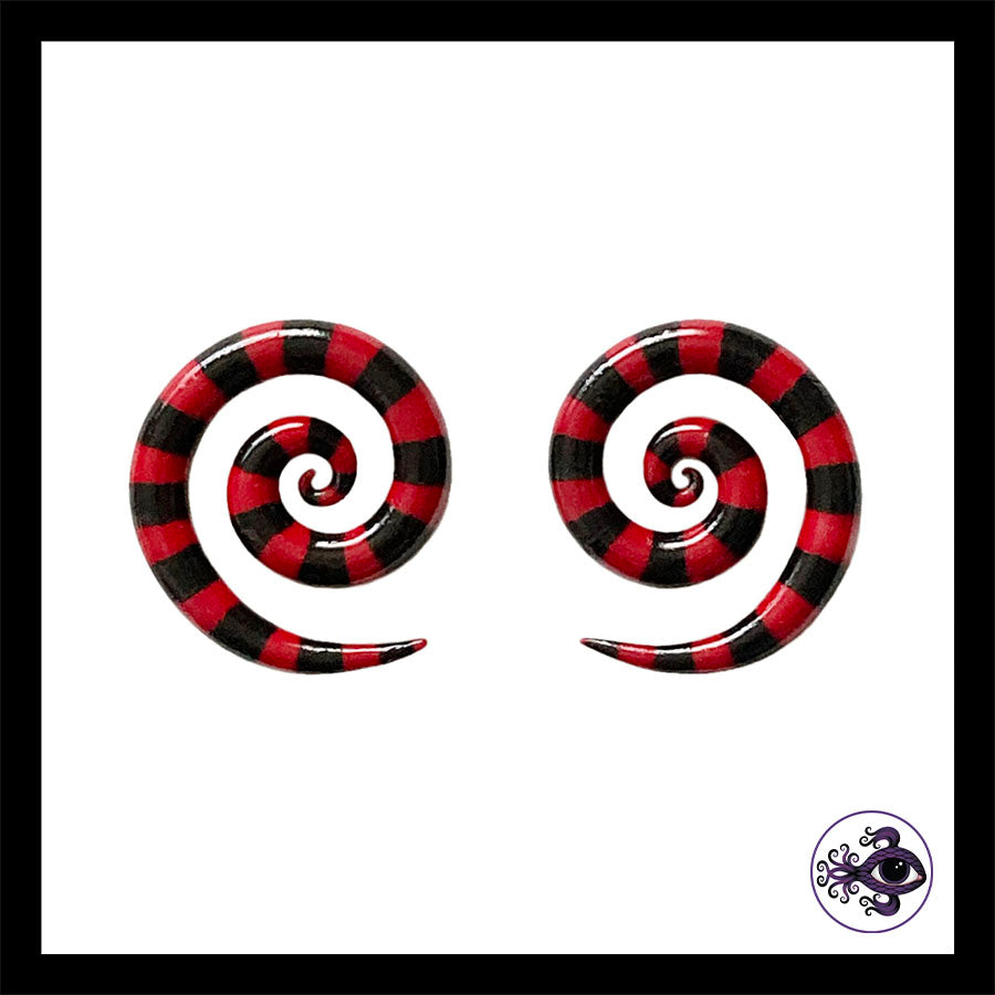 Spiral - 4g 5mm Red & Black Stripes - Handmade & Painted Clay Gauge Earrings