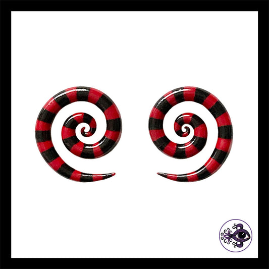 Spiral - 4g 5mm Red & Black Stripes - Handmade & Painted Clay Gauge Earrings