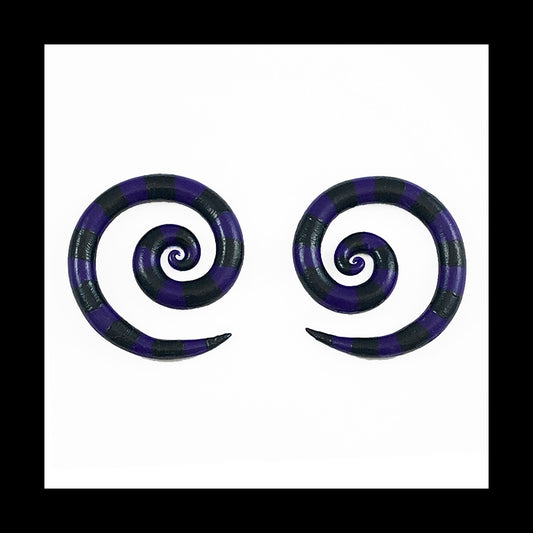 Spiral - 4g 5mm Purple & Black Stripes - Handmade & Painted Clay Gauge Earrings